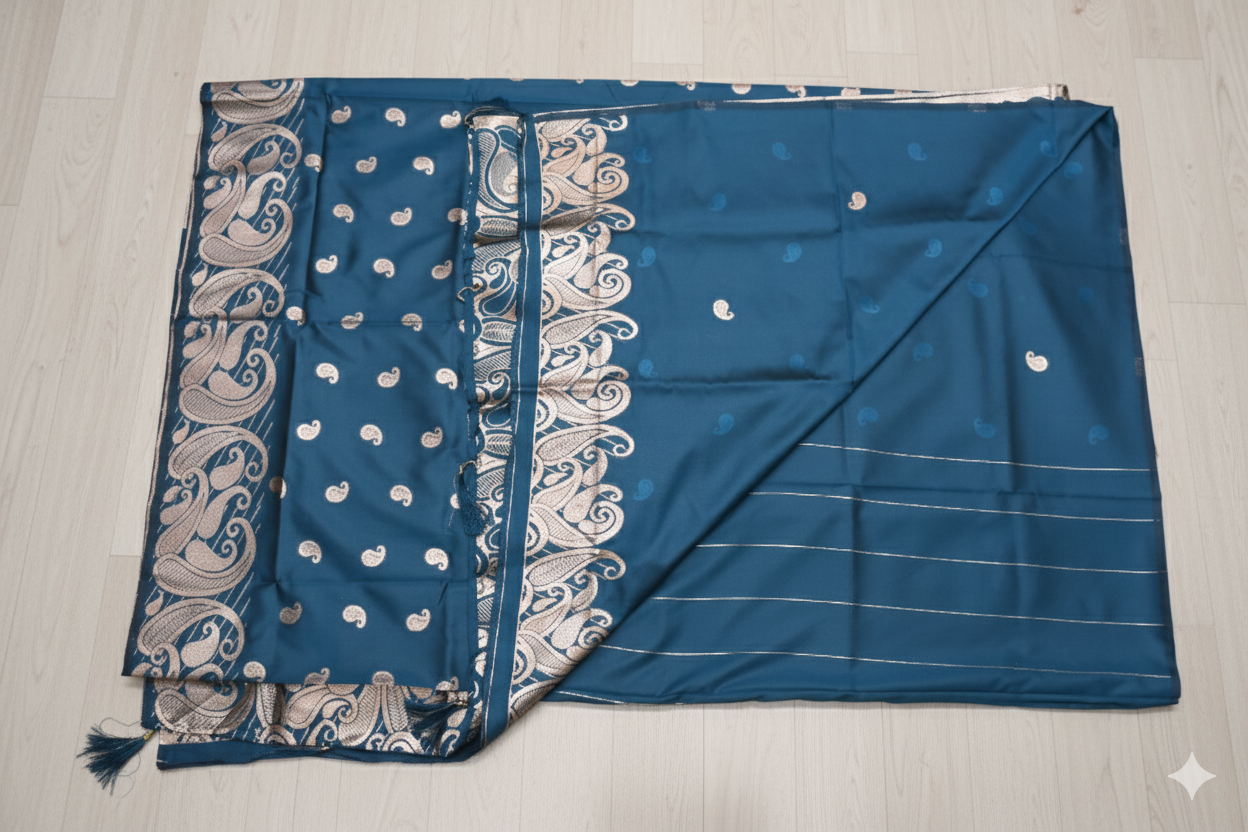 Blue fabric with white patterns on a light wooden surface