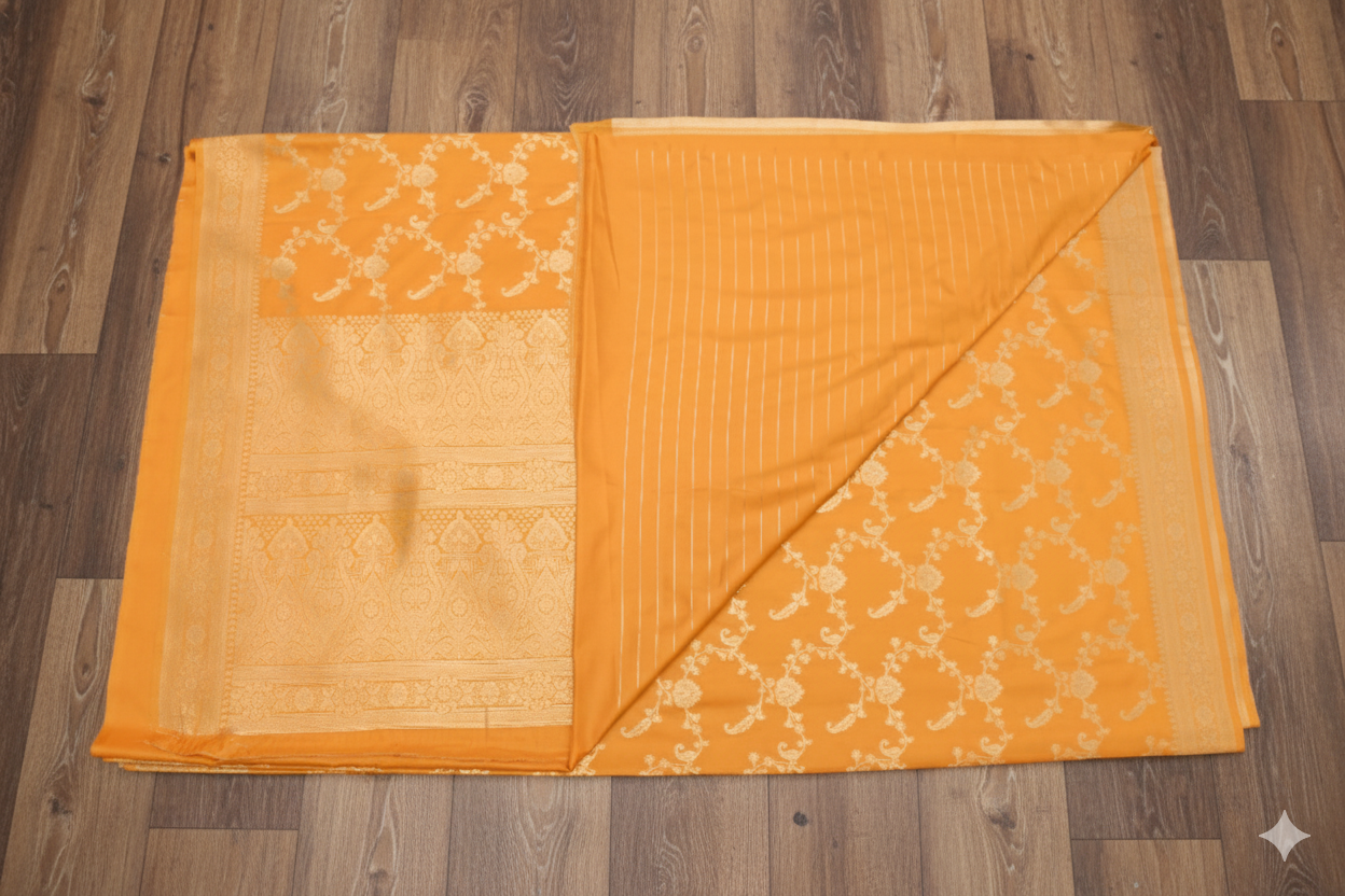 Orange fabric with floral patterns on a wooden floor