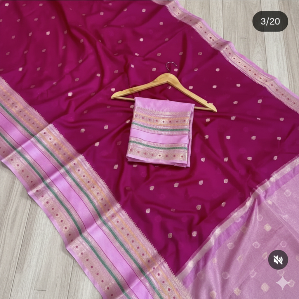 Pink saree with white polka dots and a hanger with a folded pink fabric on a wooden floor.