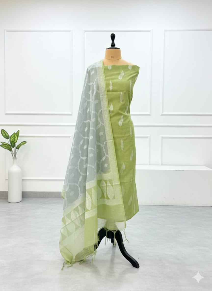 Mannequin wearing a light green saree with white patterns on a white background