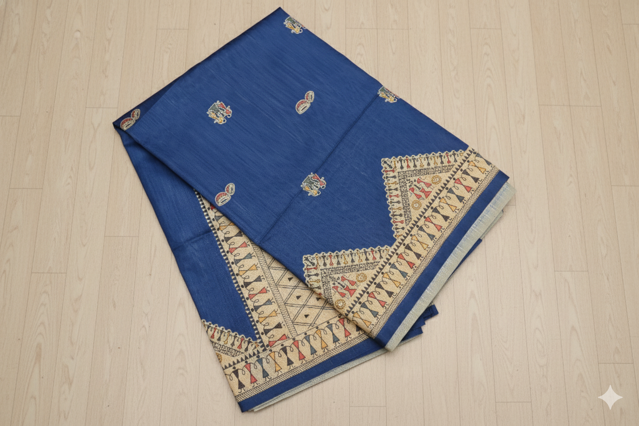 Blue saree with intricate patterns on a wooden surface