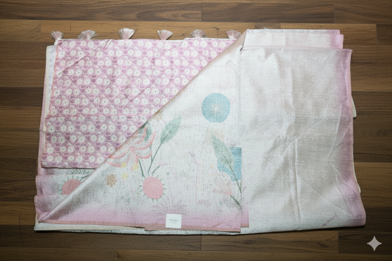 Two baby blankets with floral and abstract designs on a wooden surface