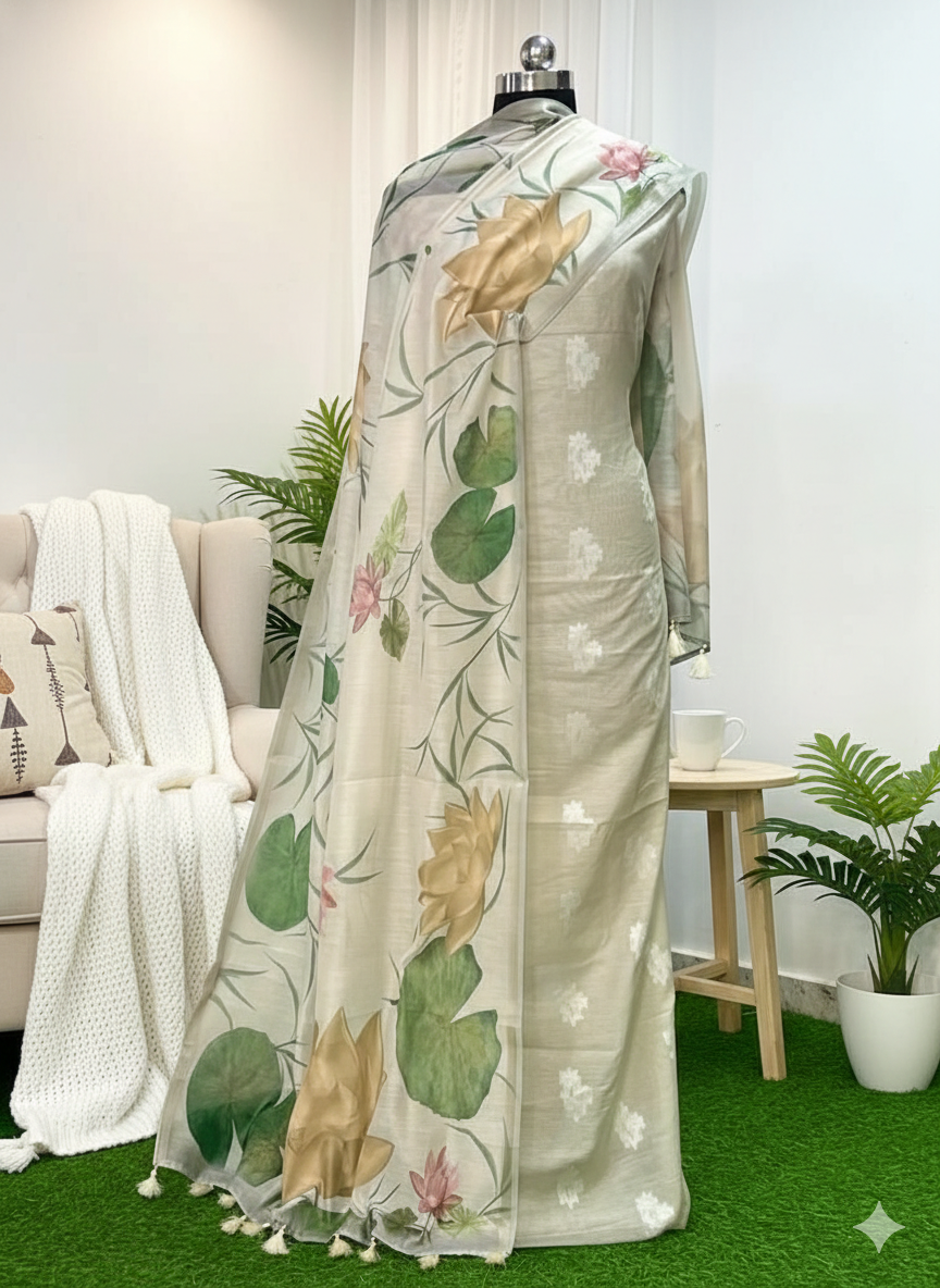 Saree with floral design on a mannequin against a neutral background