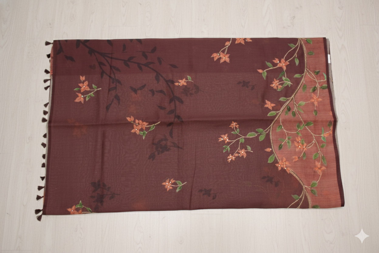Brown scarf with floral patterns on a beige background