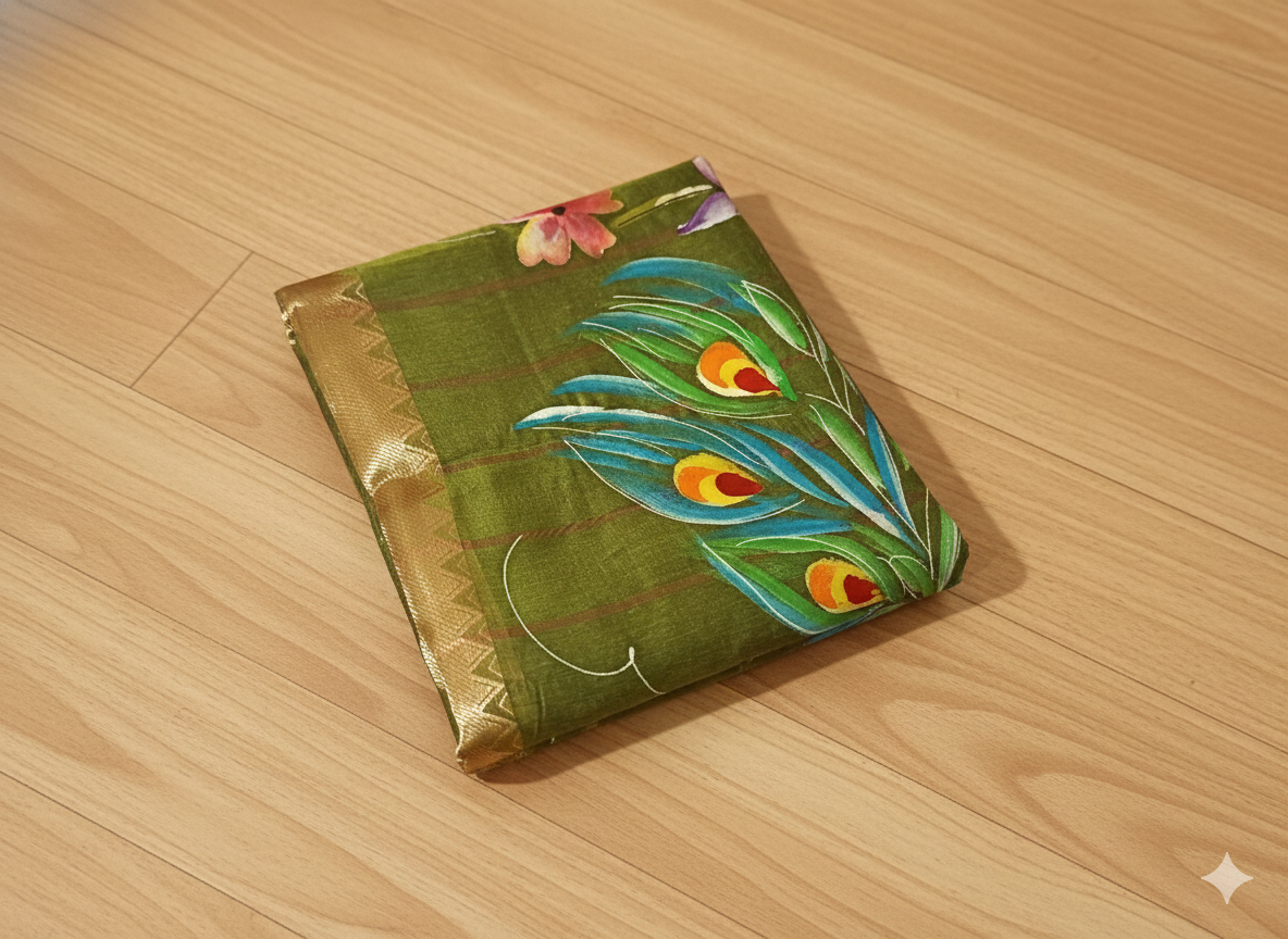 Gift wrapped in green paper with peacock feather design on a wooden surface