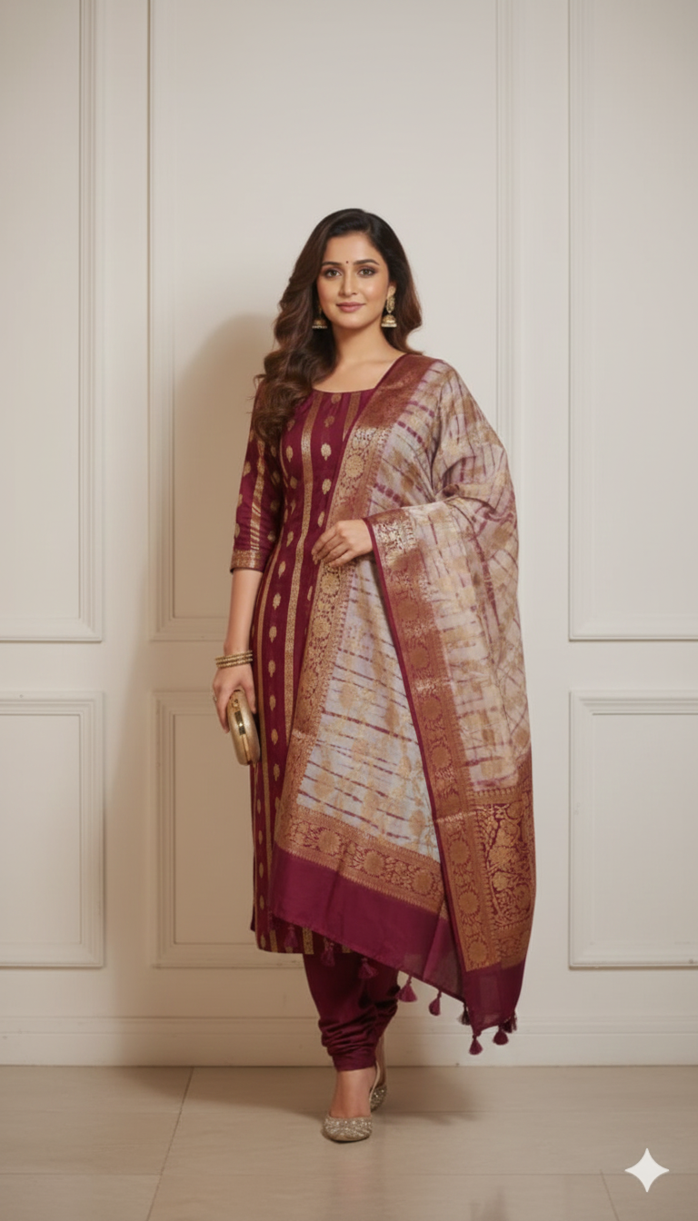 Woman wearing a traditional outfit with a maroon dupatta against a white paneled wall.