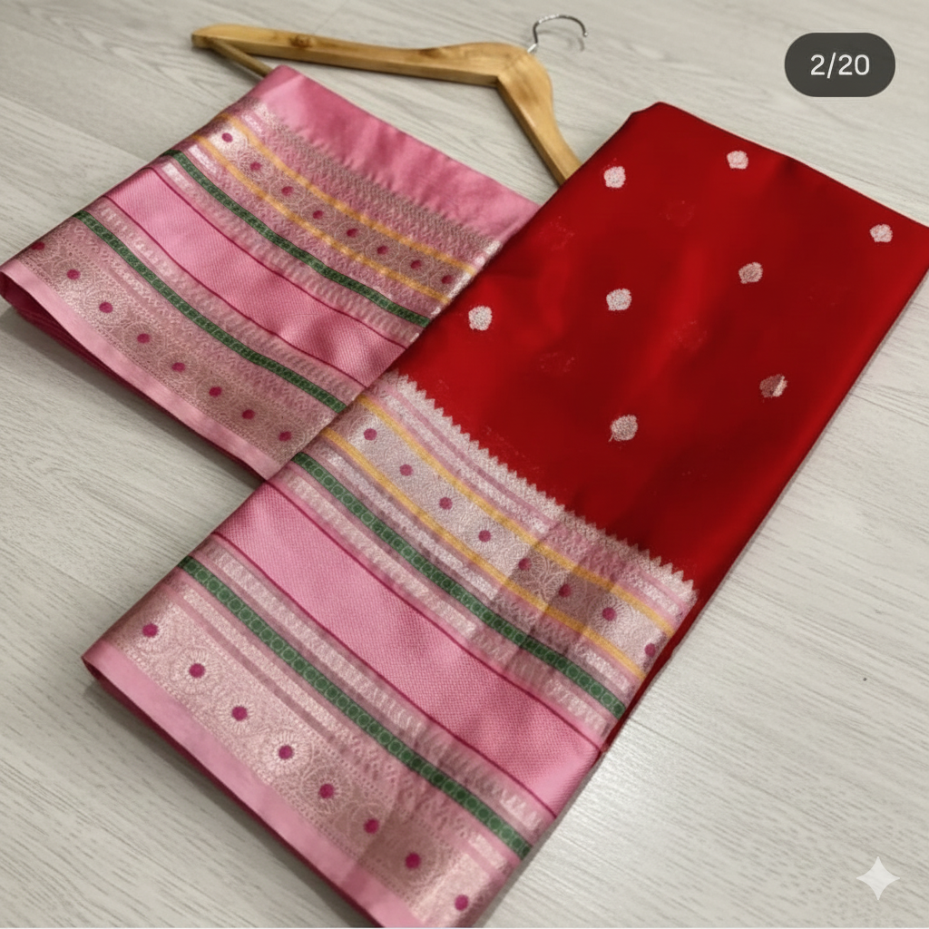 Red and pink saree with decorative border on a light gray background