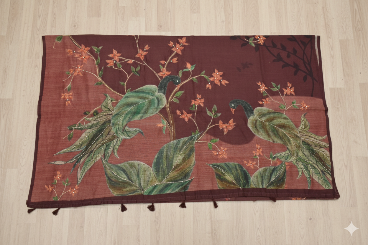 Decorative tablecloth with peacock design on a wooden surface