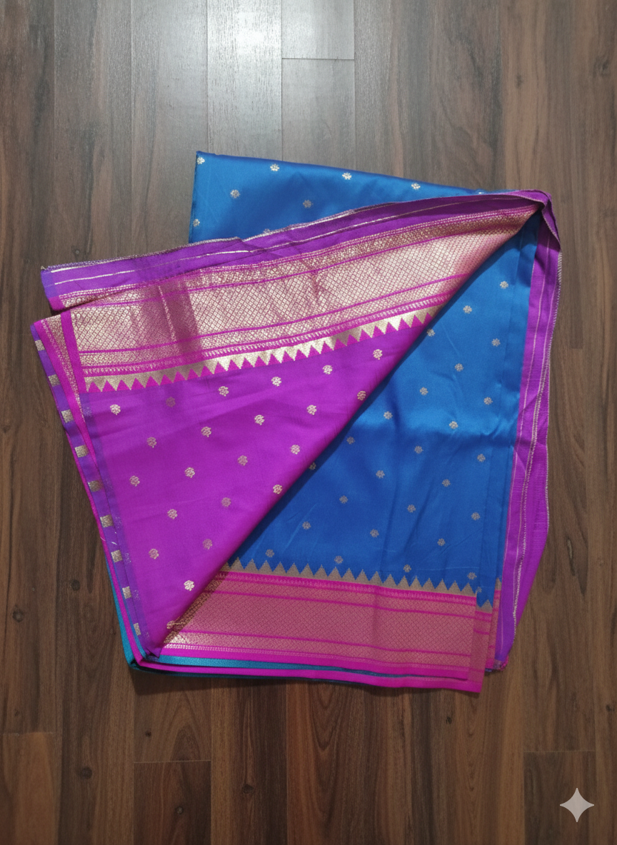 Royal Blue Paithani Saree with Pink Border | Traditional Maharashtrian Paithani Online