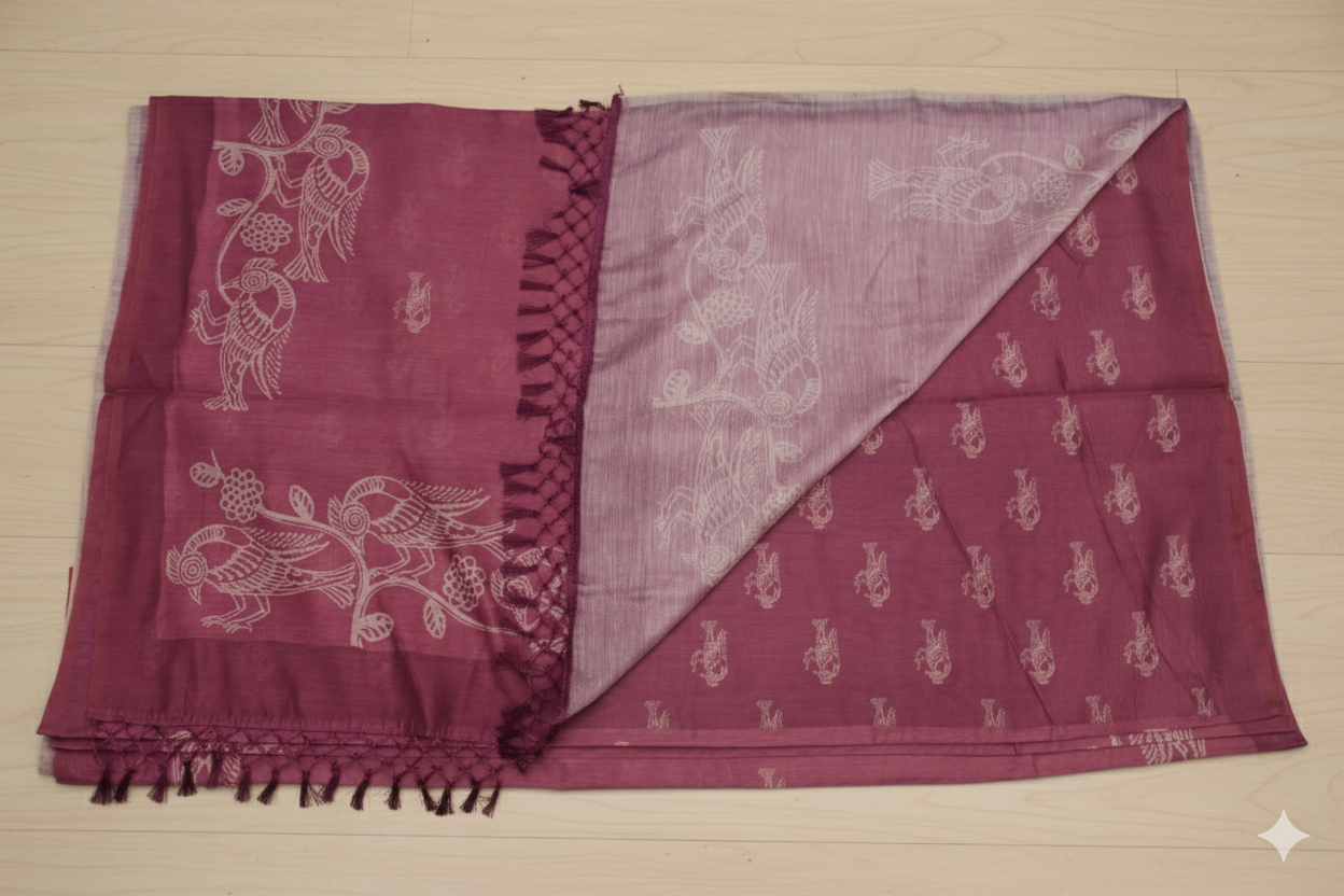 Maroon scarf with white patterns on a beige background