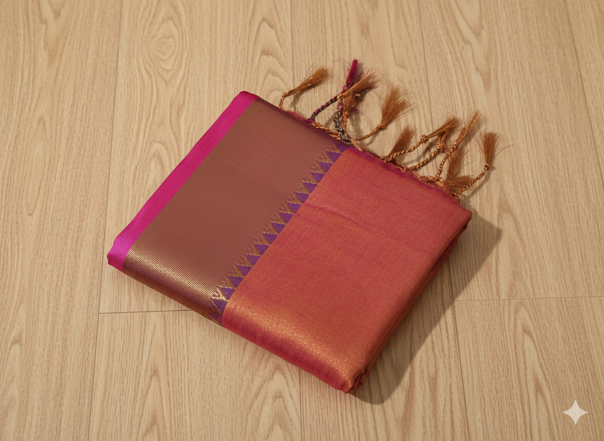 Brown and pink fabric with decorative border on a wooden surface