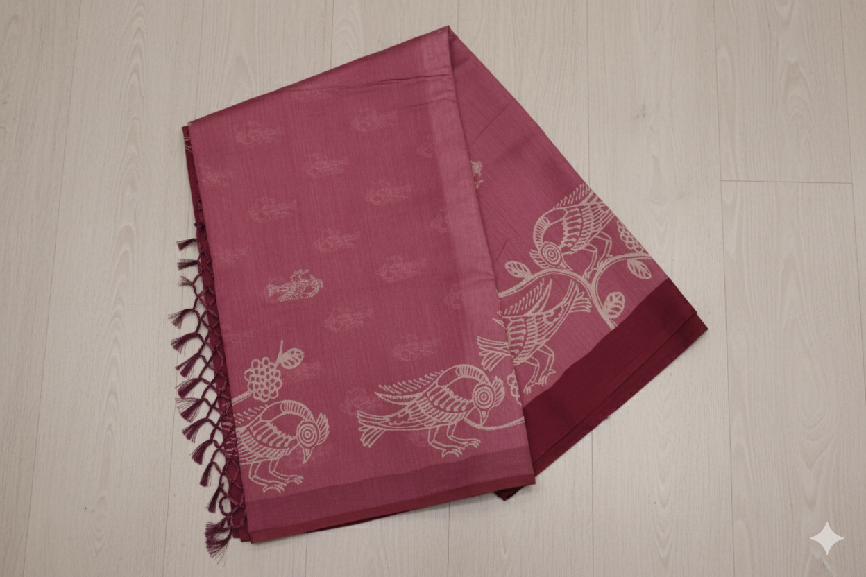 Maroon scarf with white patterns on a light wooden surface