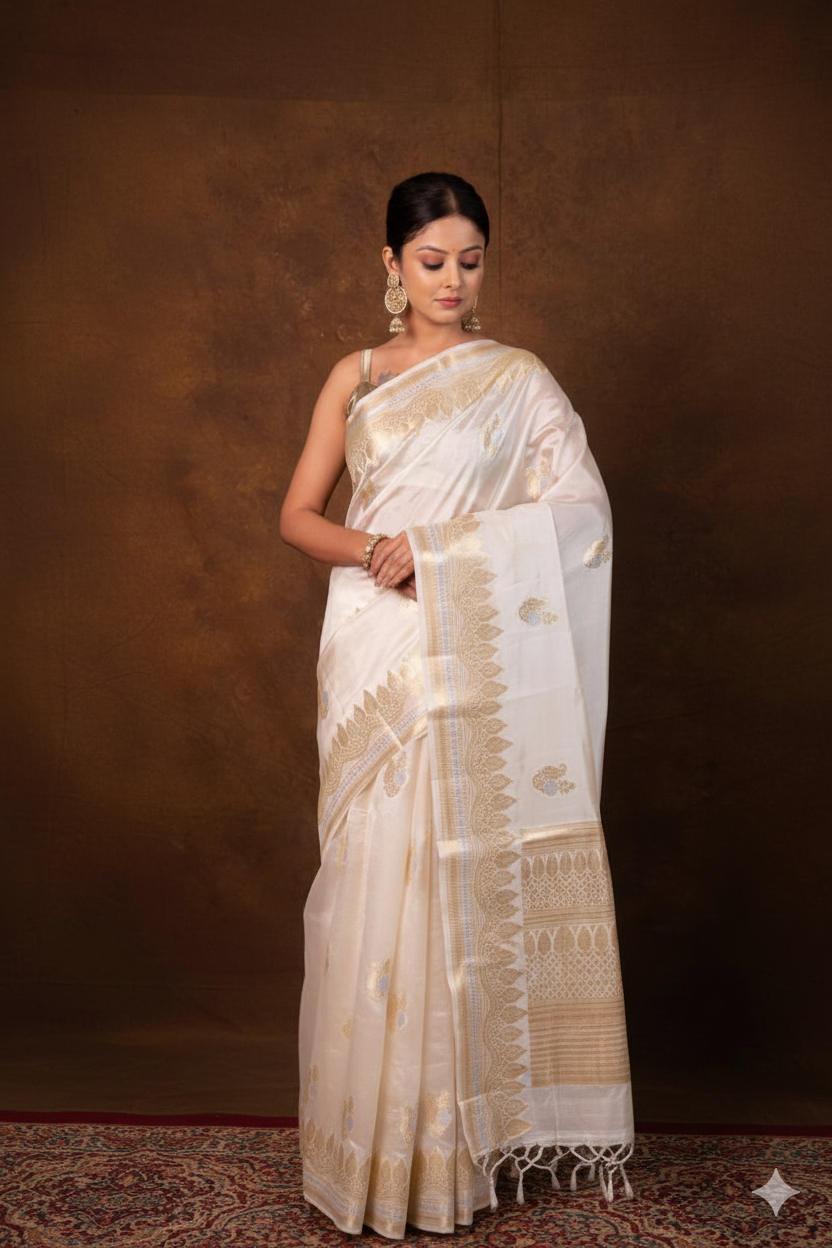 Woman wearing a white saree with gold patterns against a brown background