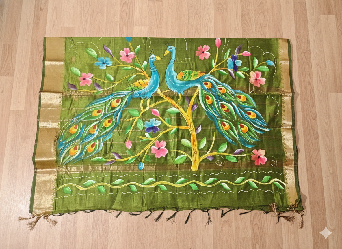 Decorative fabric with peacock design on a wooden surface