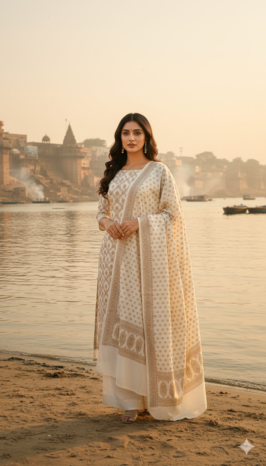Woman in a traditional outfit standing by a river with a cityscape in the background