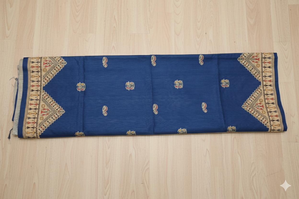 Blue fabric with intricate gold patterns on a light wooden floor