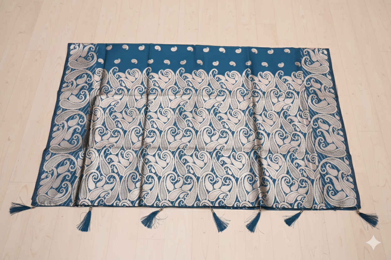 Blue and white patterned fabric with tassels on a beige background