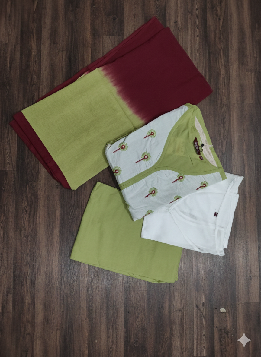 Womens Lime green Hand embroidered A line Kurta pant Dupatta set