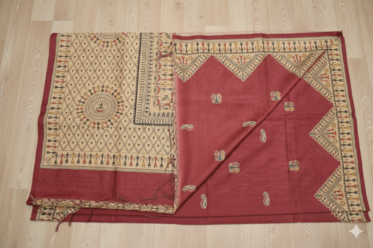 Red and beige patterned fabric on a wooden floor