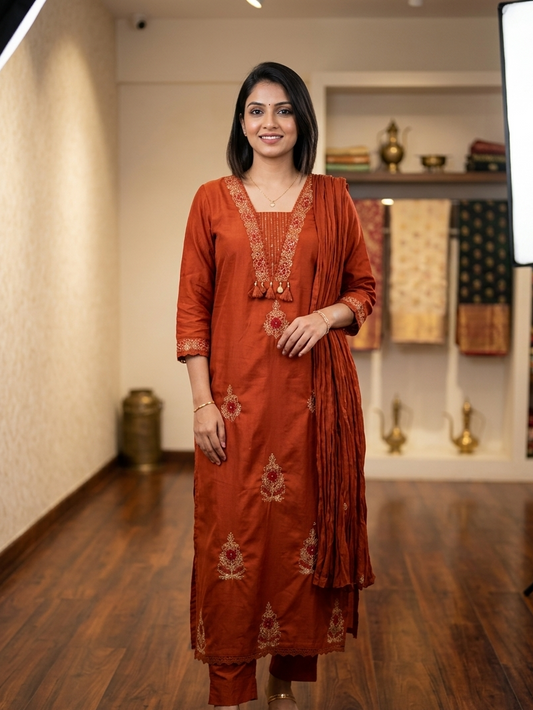 Woman in a rust-colored traditional outfit standing in a room with wooden flooring and decorative items.