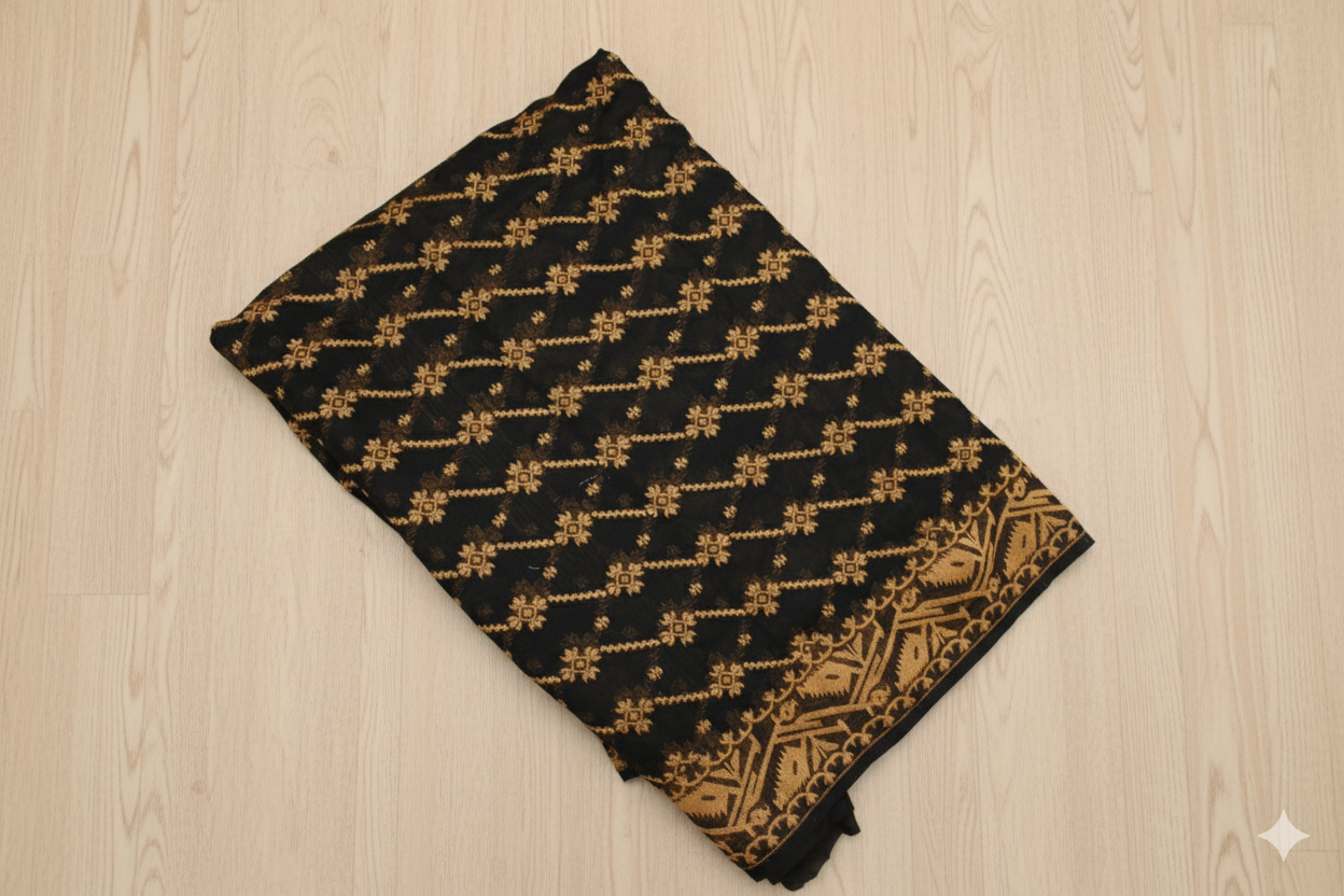 Black fabric with gold patterns on a wooden surface