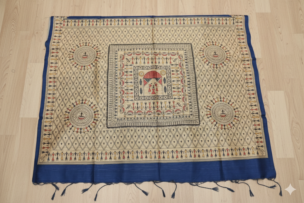 Decorative tablecloth with intricate patterns on a wooden floor
