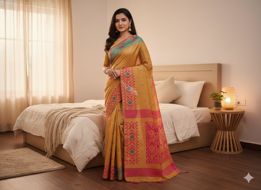 Orange Silk Jamdani Saree | Handwoven Jamdani | Premium Traditional Silk Saree Online