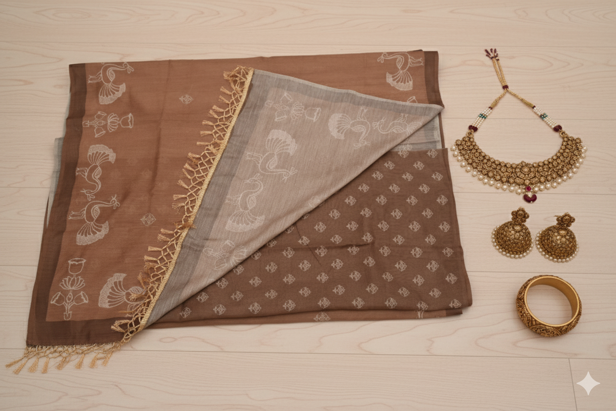 Brown saree with gold patterns and jewelry on a light wooden surface