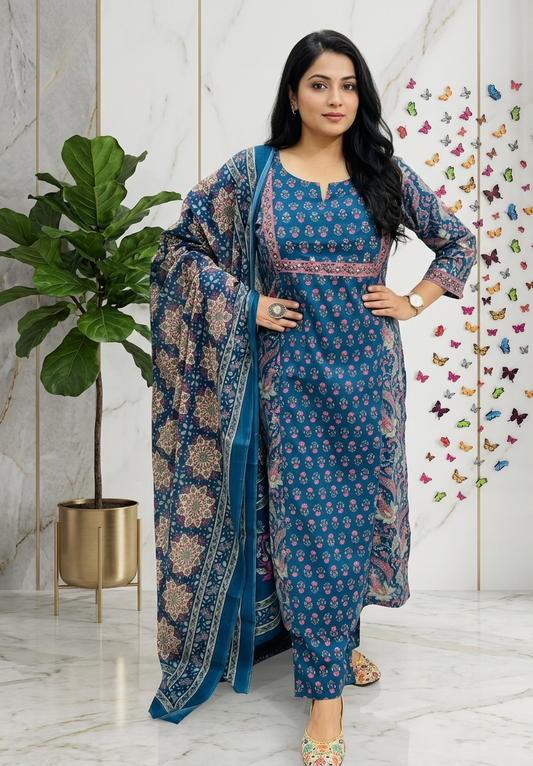 Designer Ajrak Pure Cotton Suit Set with Handwork