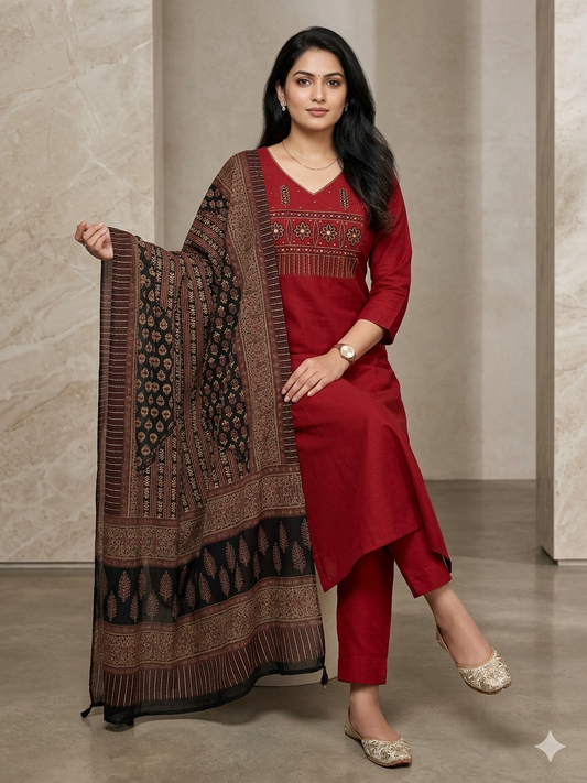 Heavy Cotton Suit Set with Sequence & Mirror Embroidery | Kurti Pant Dupatta Set | Samkri House