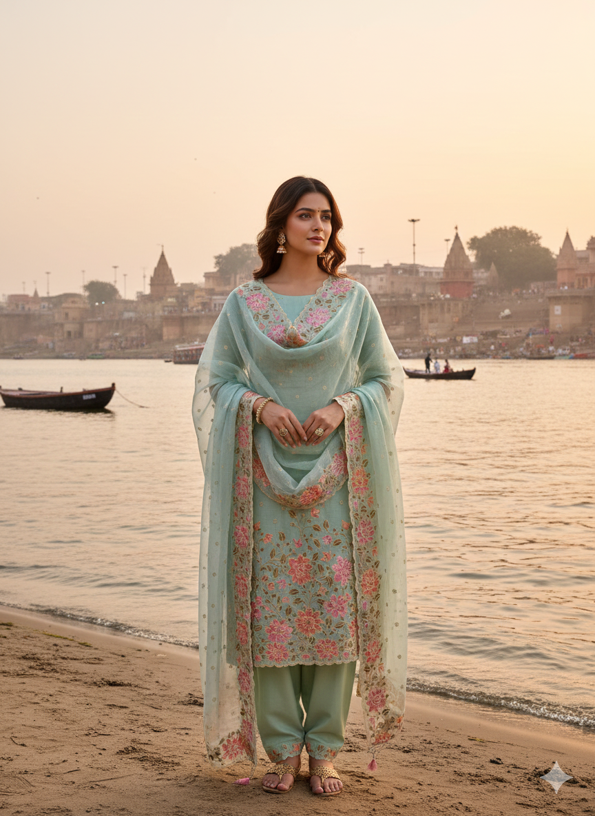 Woman in traditional attire standing by a river with historical architecture in the background