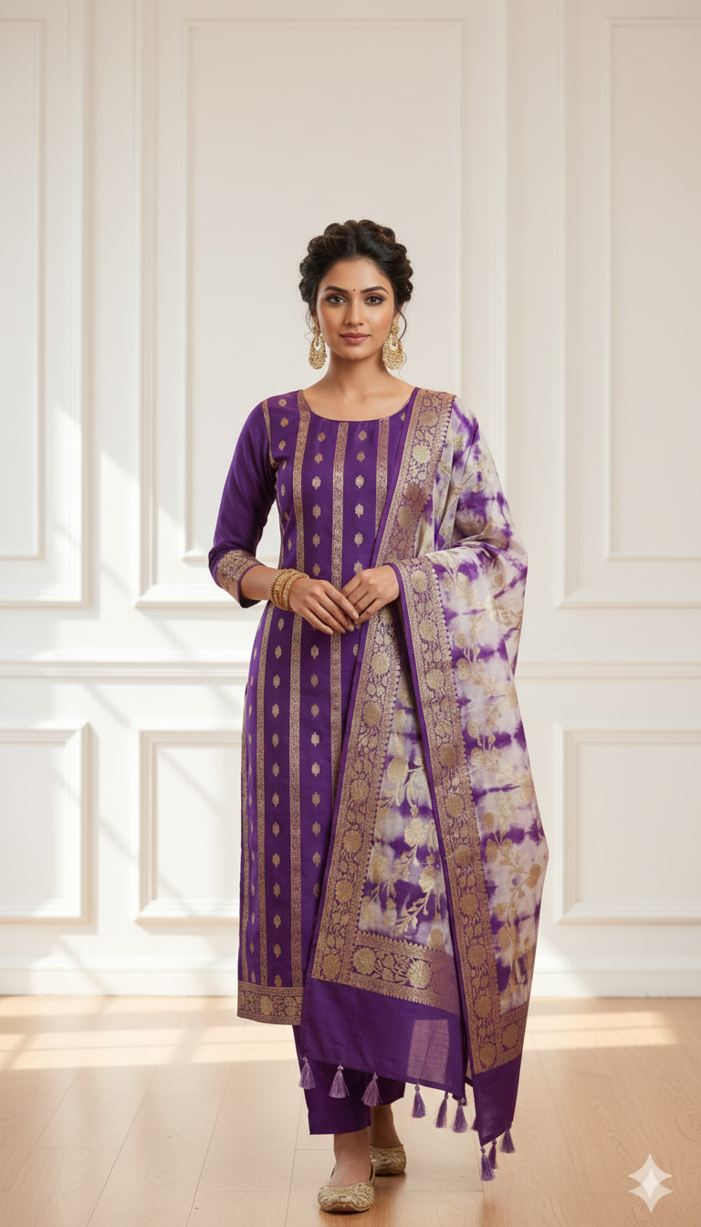 Woman wearing a purple traditional outfit with a white background