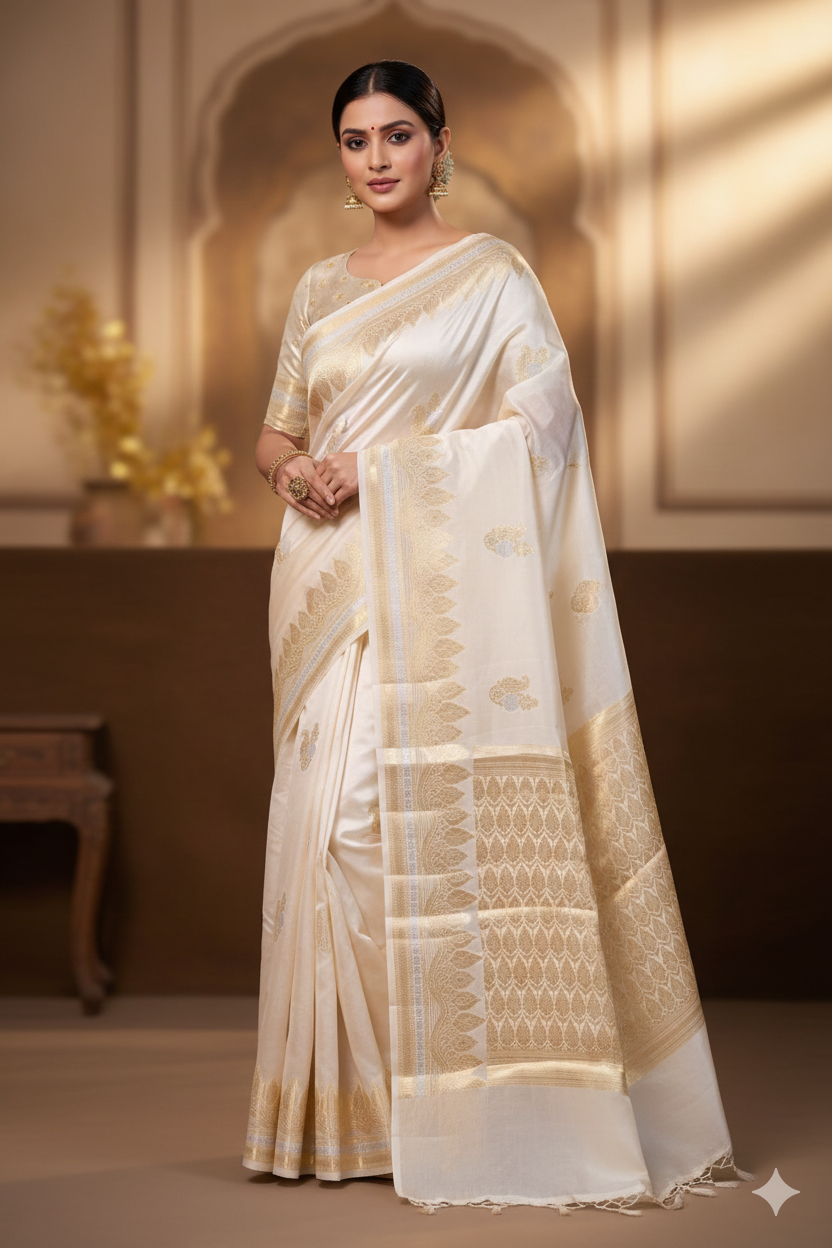 Woman wearing a traditional white saree with gold patterns in an elegant indoor setting.