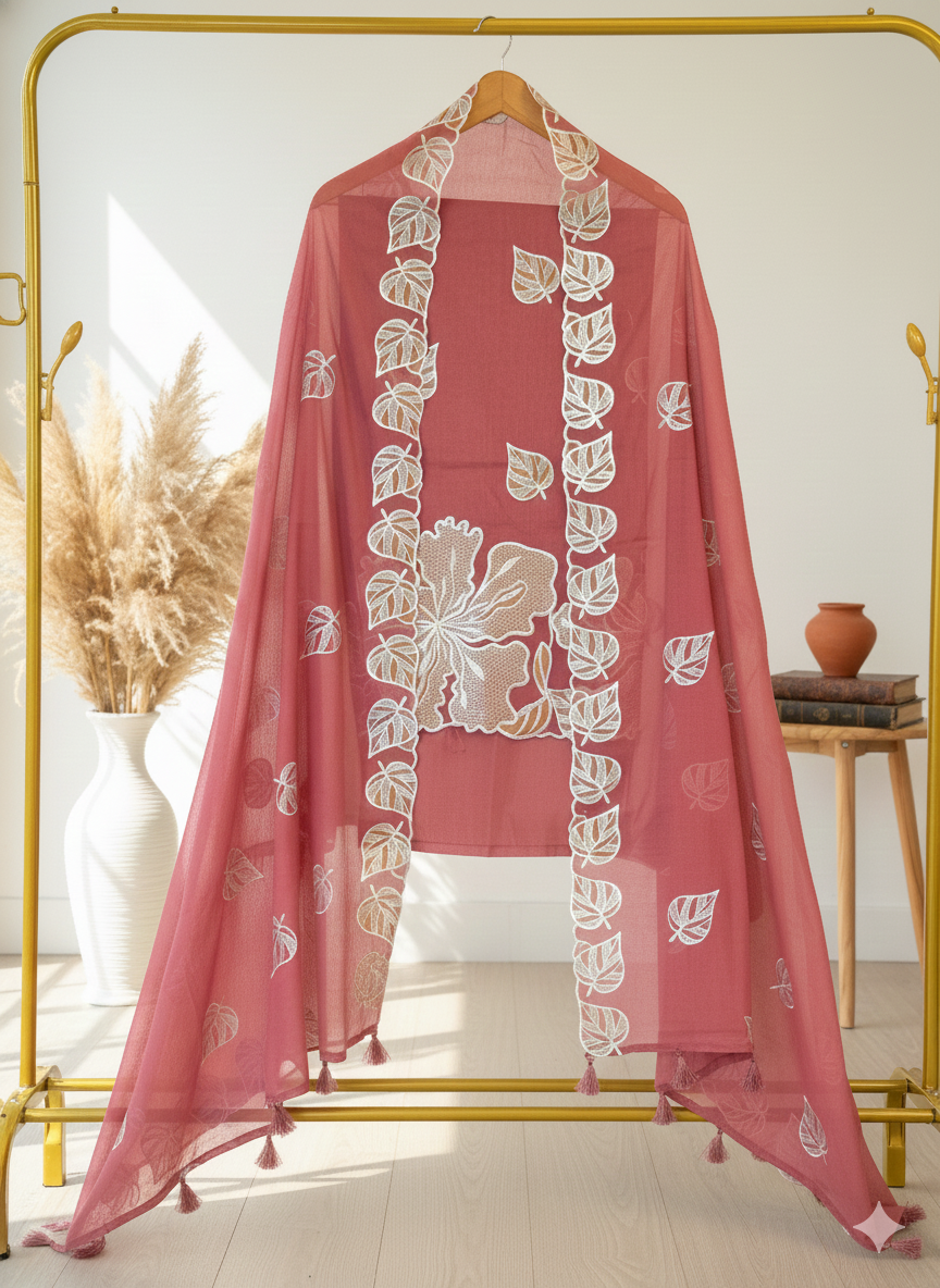 Pink scarf with white floral patterns hanging on a gold rack.