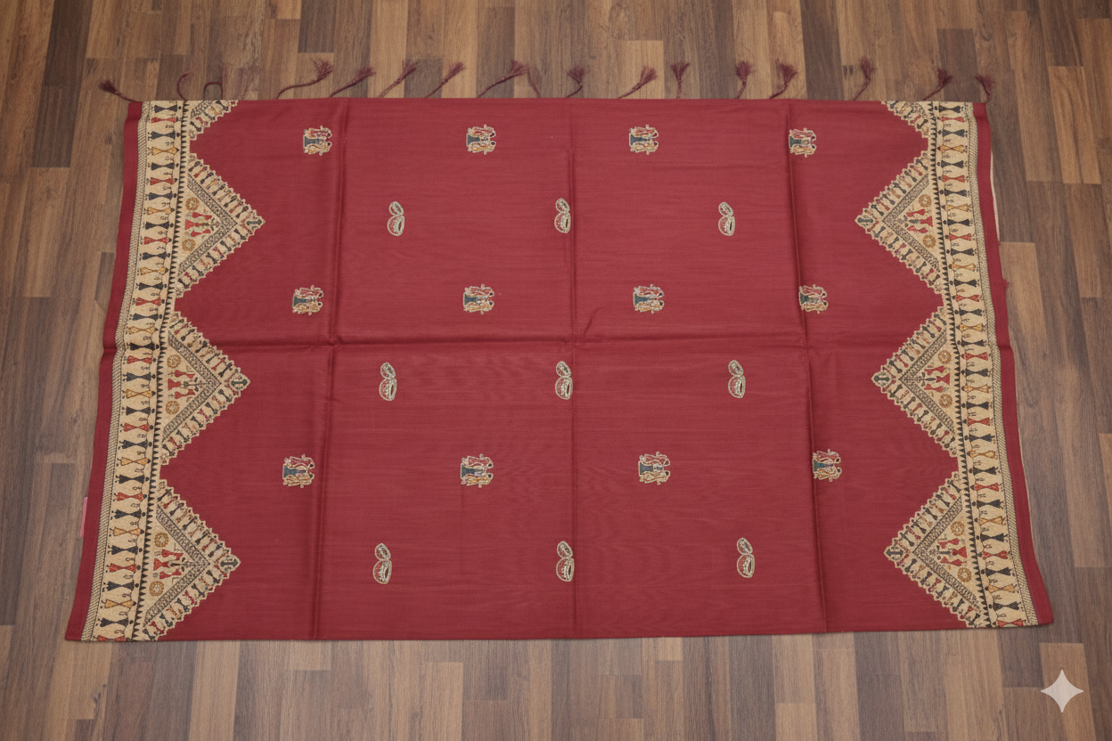Red embroidered fabric on a wooden floor
