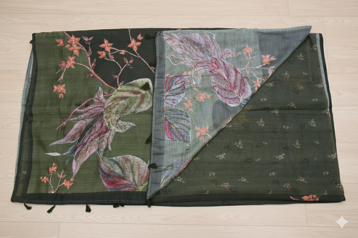 Green fabric with floral and fish design on a wooden floor