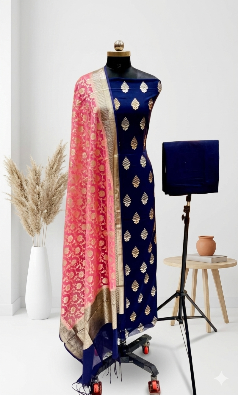 Navy blue traditional outfit with pink dupatta on a mannequin against a white background