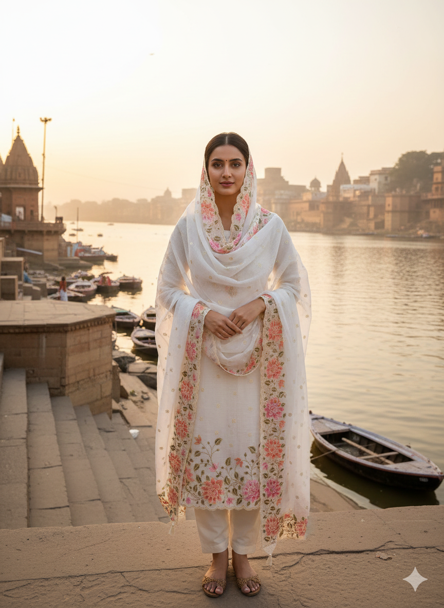 Woman in a white traditional outfit with floral patterns standing by a river with boats and buildings in the background.