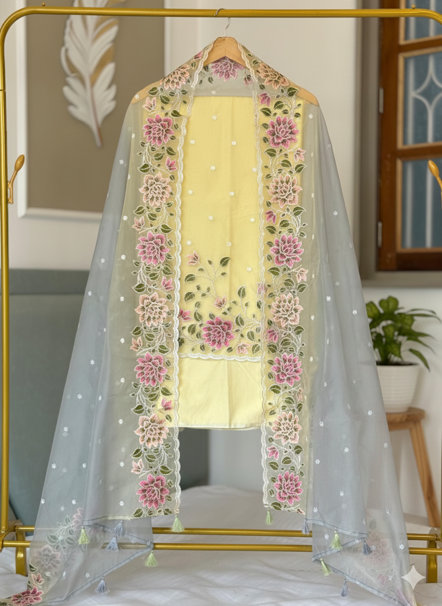 Light yellow kurta with floral embroidery and sheer dupatta on a hanger against a neutral background