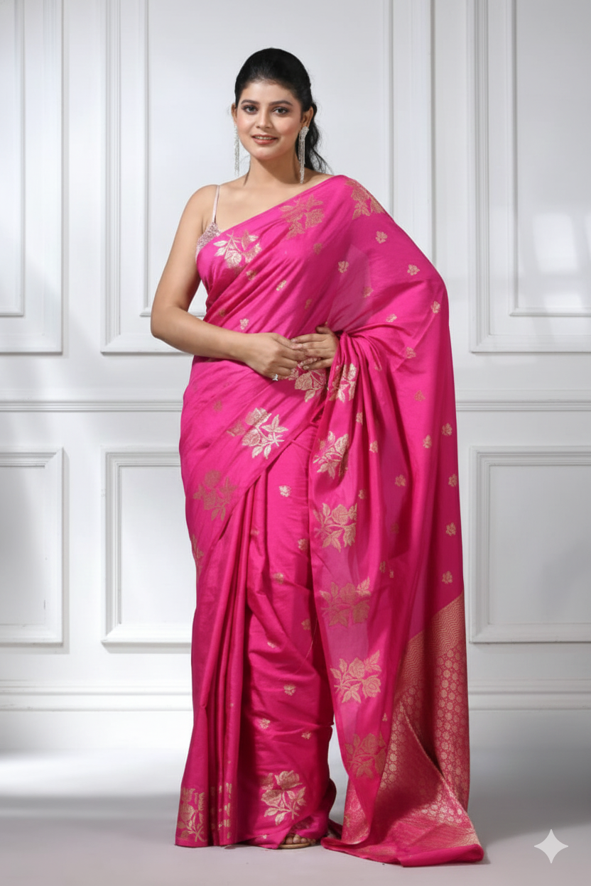 Woman wearing a pink saree with floral patterns against a white paneled wall.
