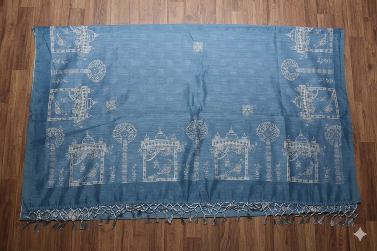 Blue fabric with white patterns on a wooden floor