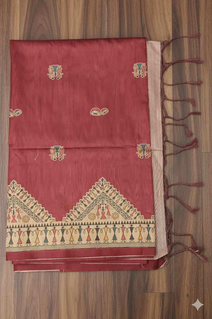 Red saree with intricate gold and beige patterns on a wooden surface