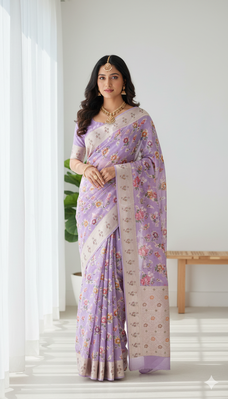 Woman wearing a lavender saree with a white border in a bright room.
