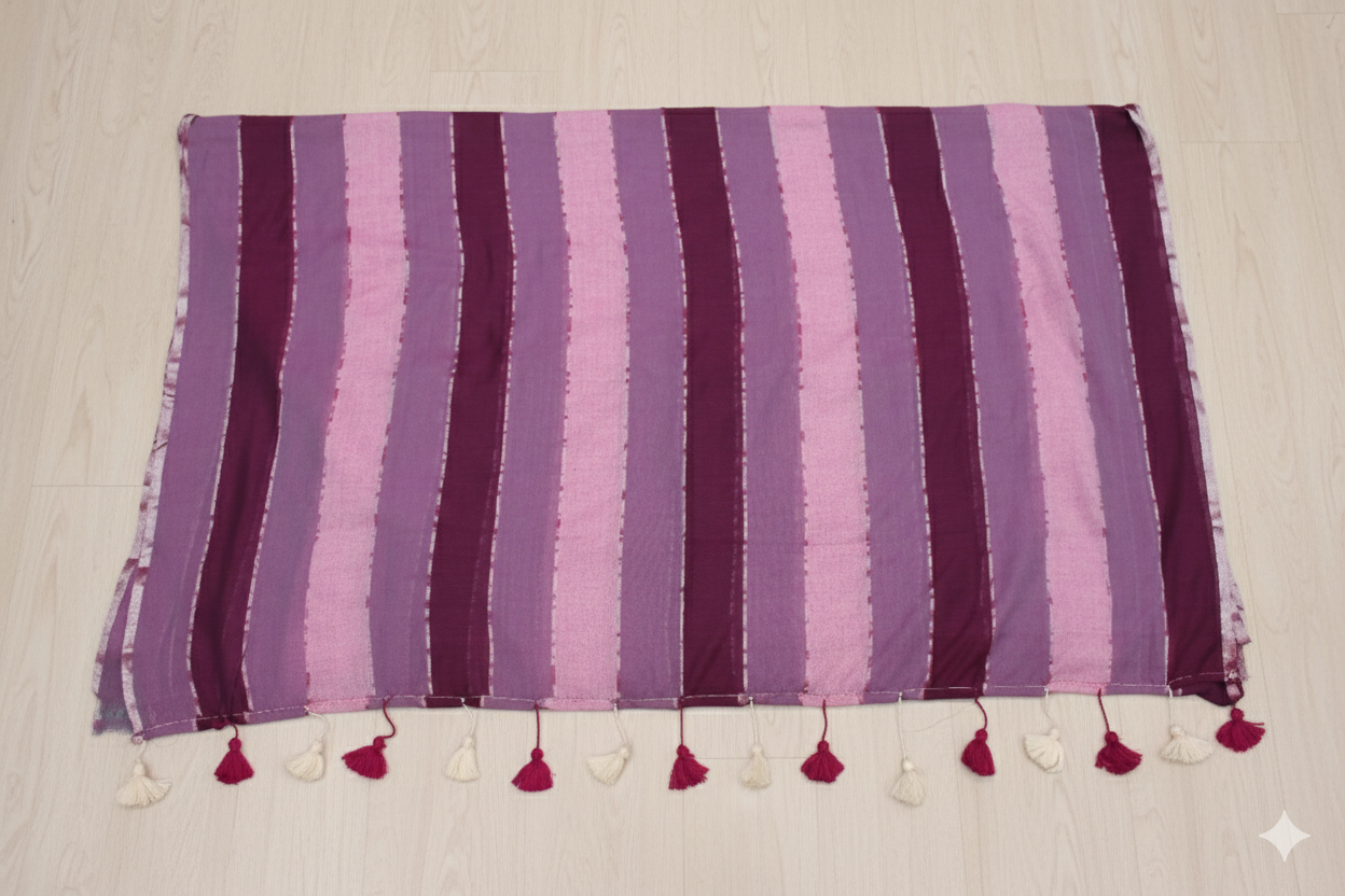 Striped purple and pink fabric with tassels on a beige background