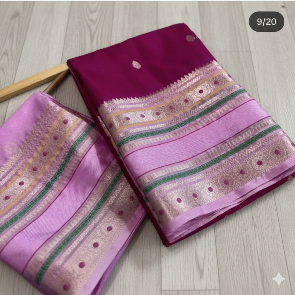 Purple and pink saree with intricate patterns on a wooden surface