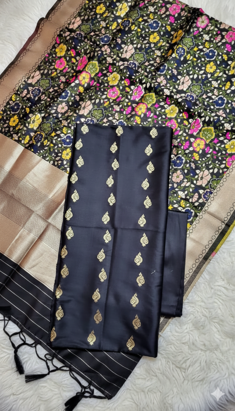 Black saree with gold patterns on a floral fabric background