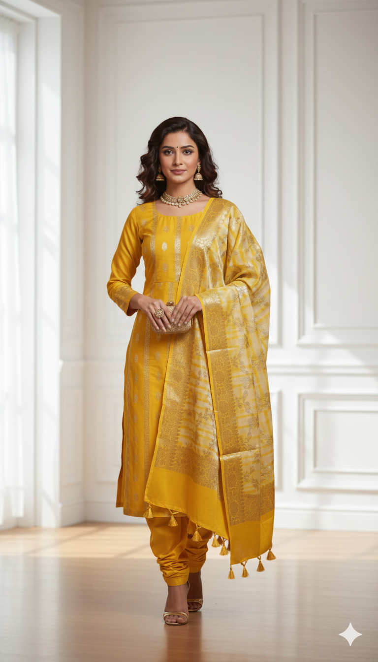 Woman in a yellow traditional outfit standing in a well-lit room with white walls.