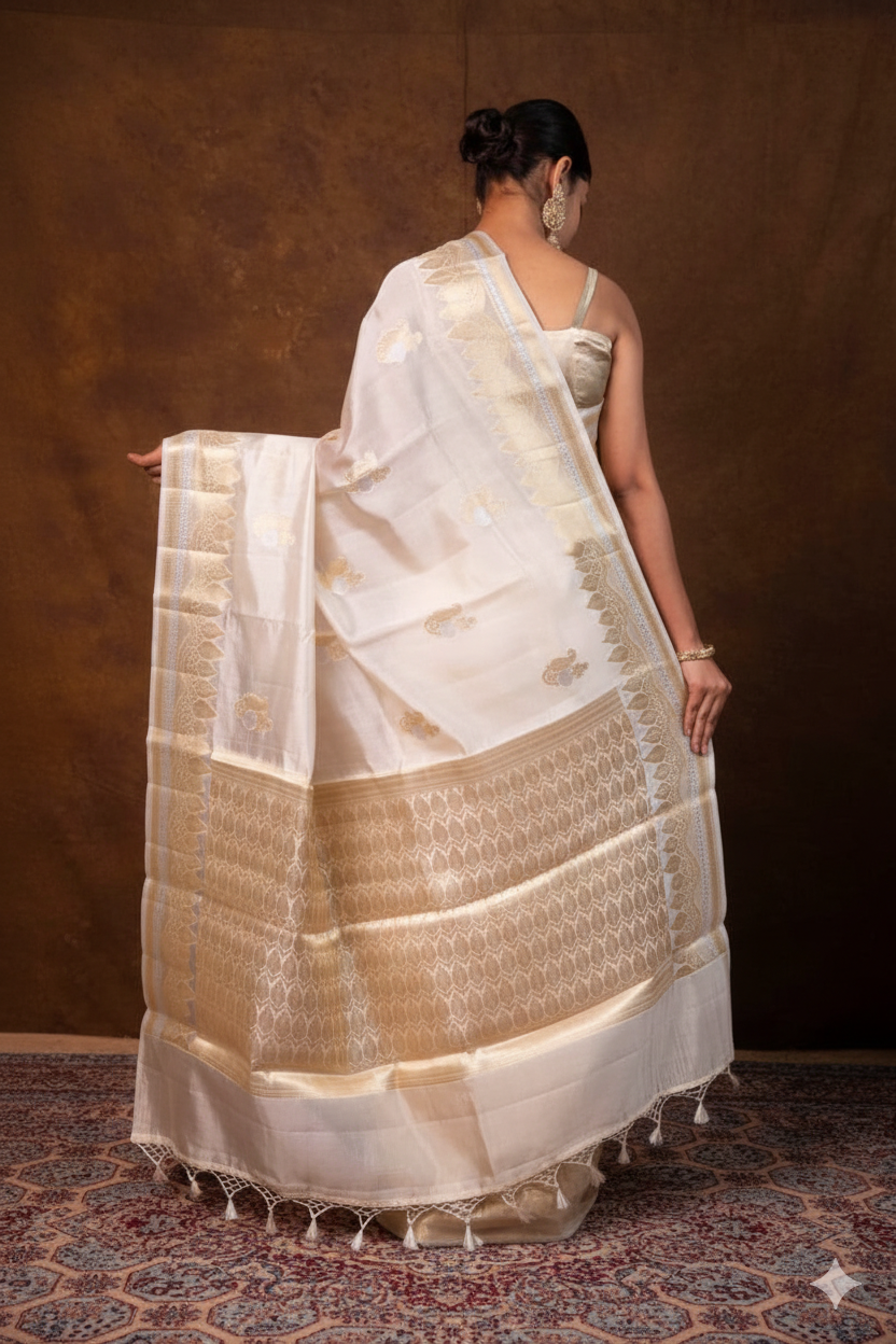 Woman wearing a traditional saree with a brown background