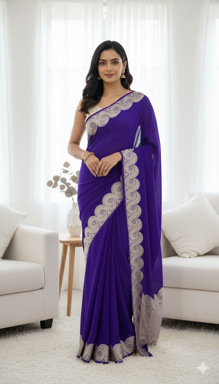 Woman wearing a purple saree with silver border in a living room setting