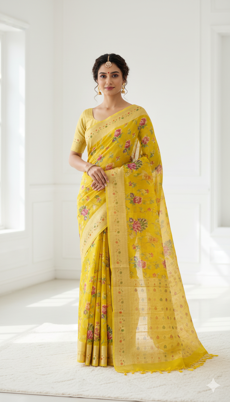 Woman wearing a yellow saree with floral patterns in a bright room.